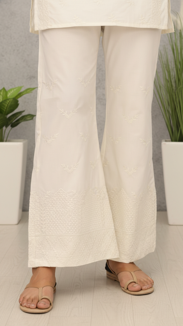 Cream Cotton Cambric Trouser with Embroidery PL5088