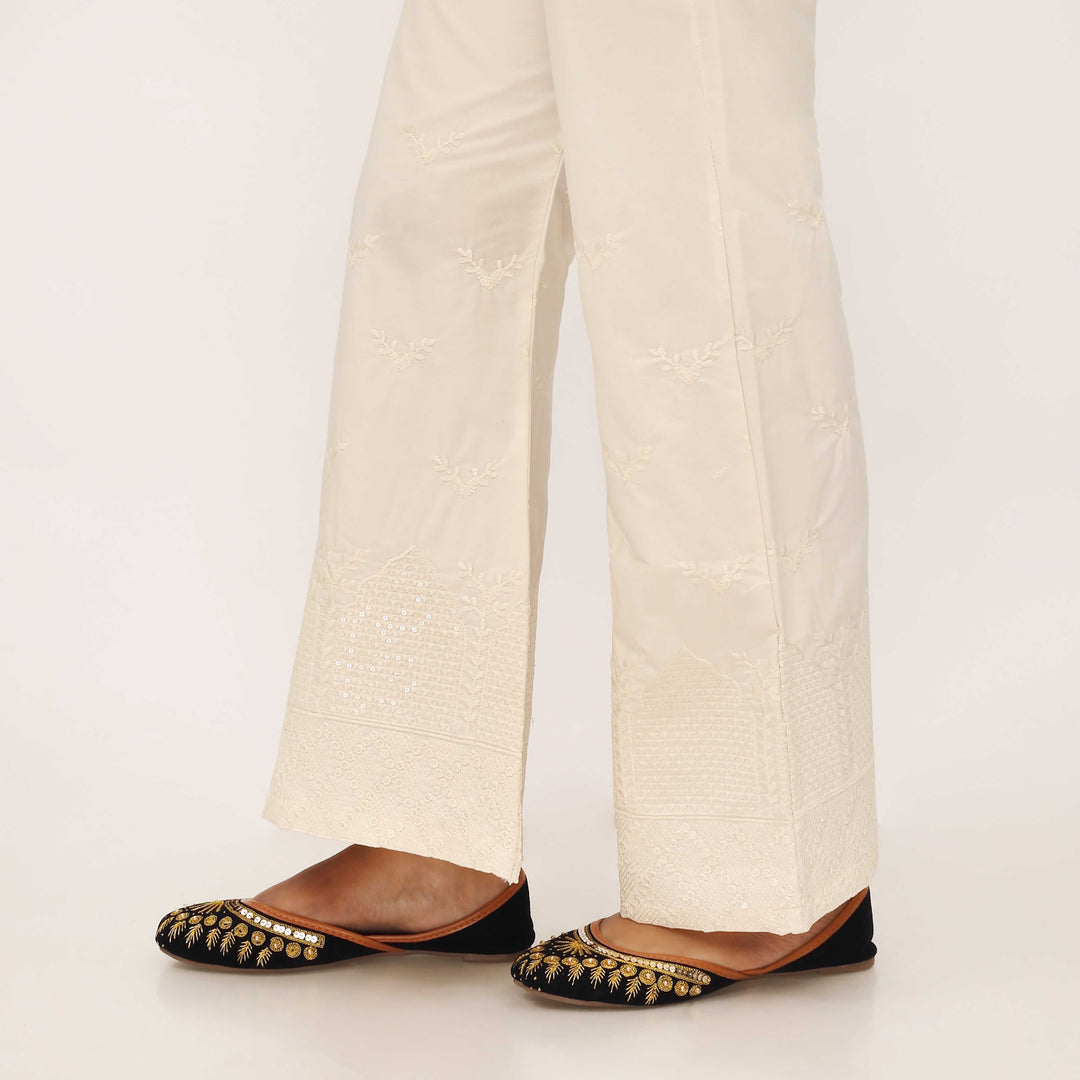 Cream Cotton Cambric Trouser with Embroidery PL5088