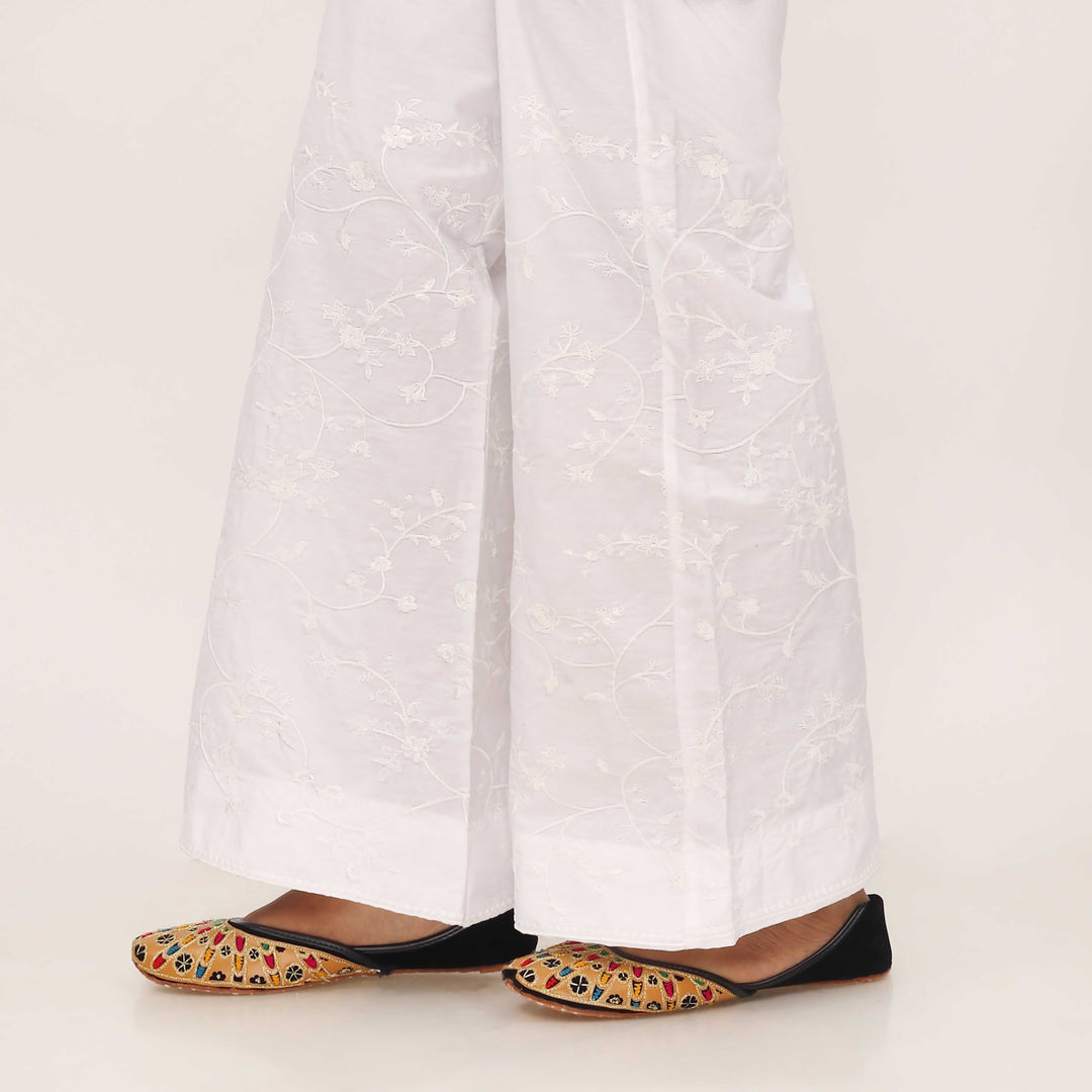 White Cotton Cambric Trouser with Embroidery PL5090