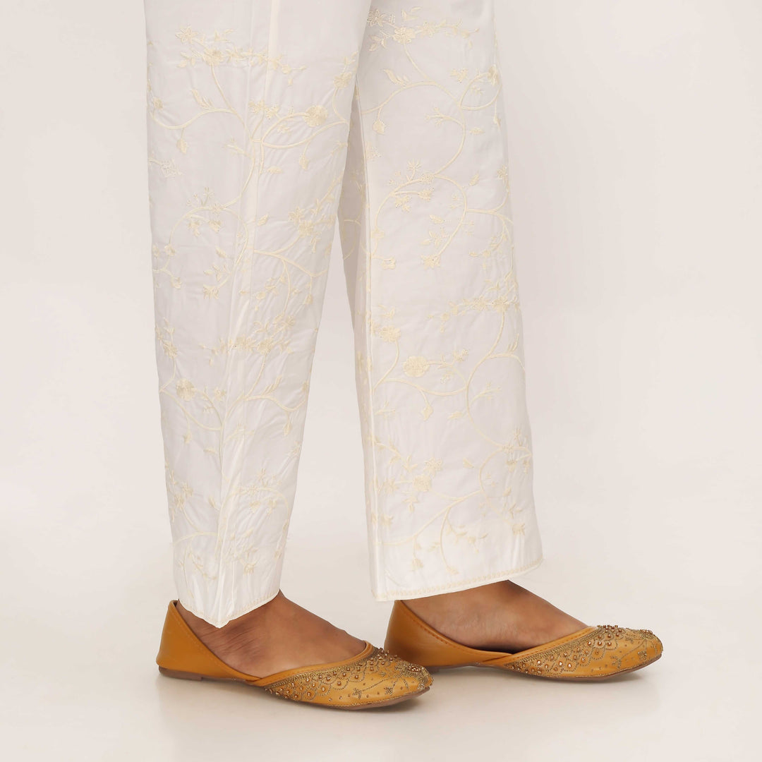 Cream Cotton Cambric Trouser with Embroidery PL5091