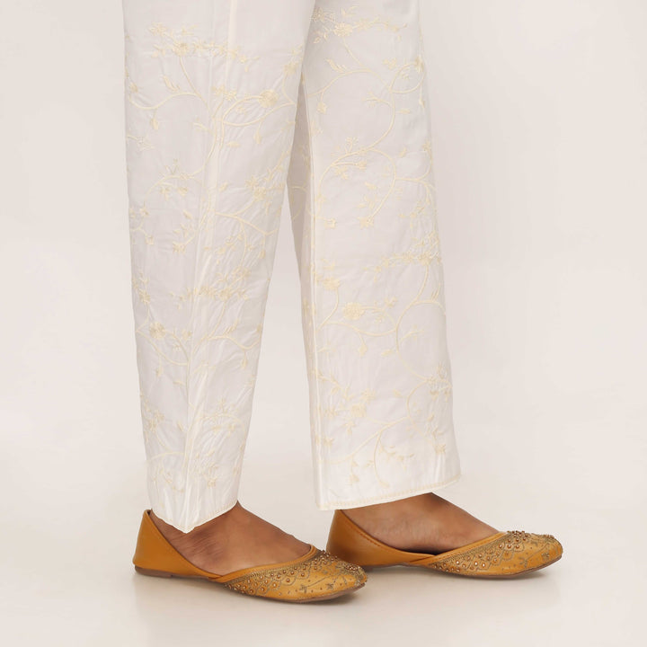 Cream Cotton Cambric Trouser with Embroidery PL5091