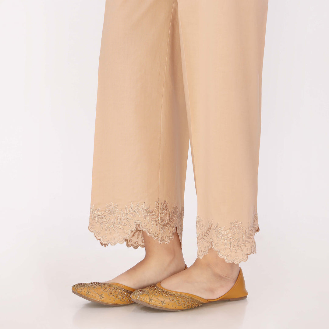 Beige Cotton Cambric Embroidered Trouser