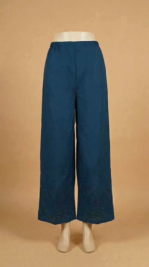 Teal Blue Embellished Cambric Trouser PL606696