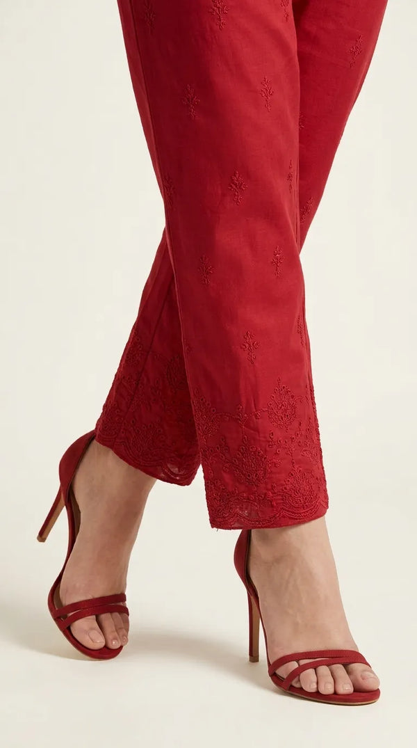 Red Embroided Cambric Trouser PL606713