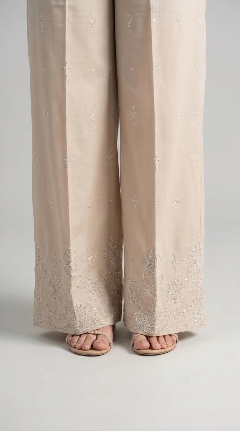 Beige Embroided Cambric Trouser PL606762