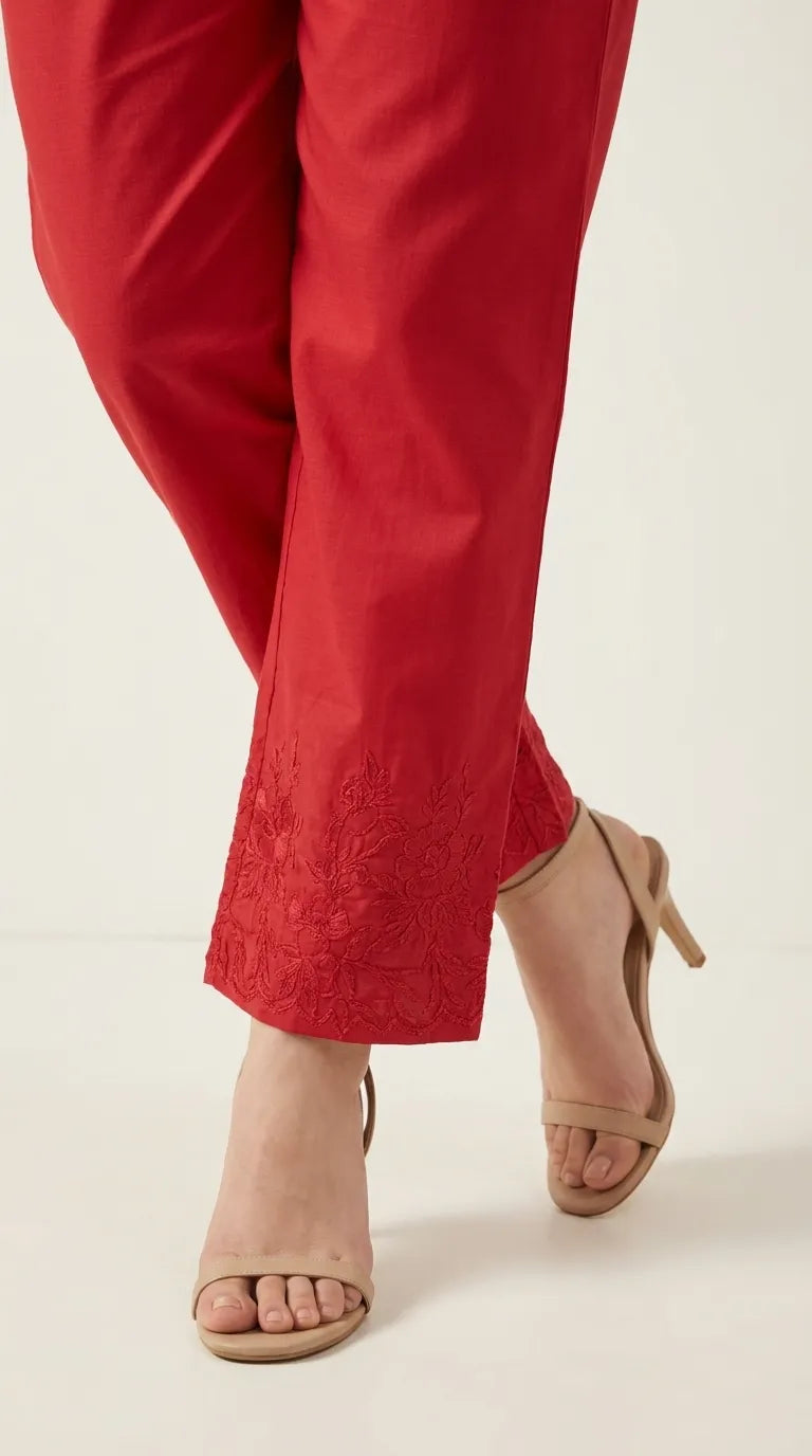 Red Embellished Cambric Trouser PL606913