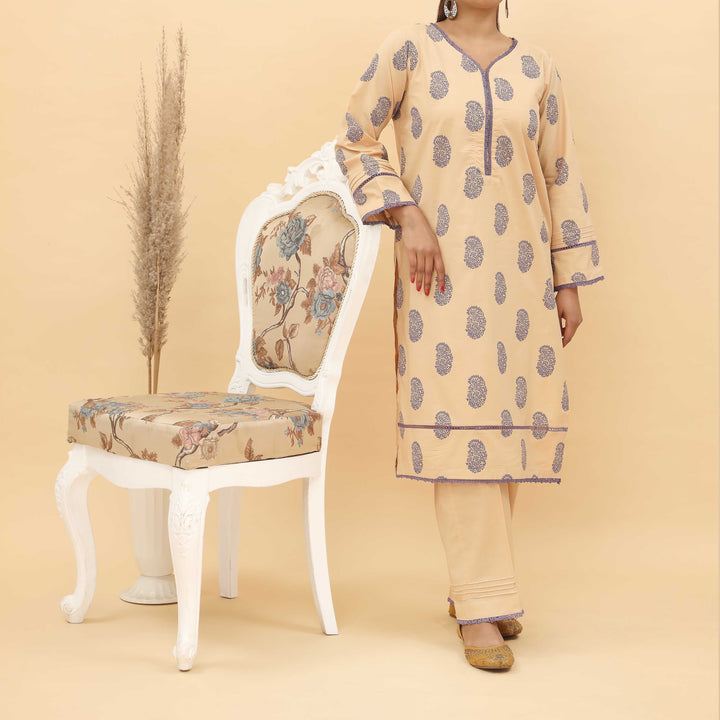 2PC- Screen Printed Cotton Cambric Suit With Stitching Details PS5071