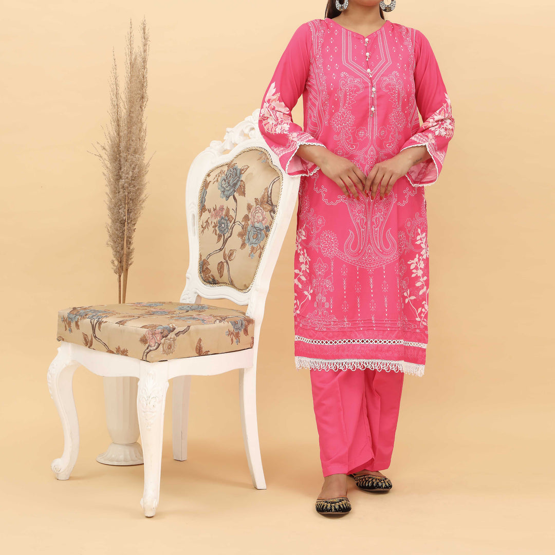 2PC- Digital Printed Intermix Cotton Suit With Stitching Details PS5162