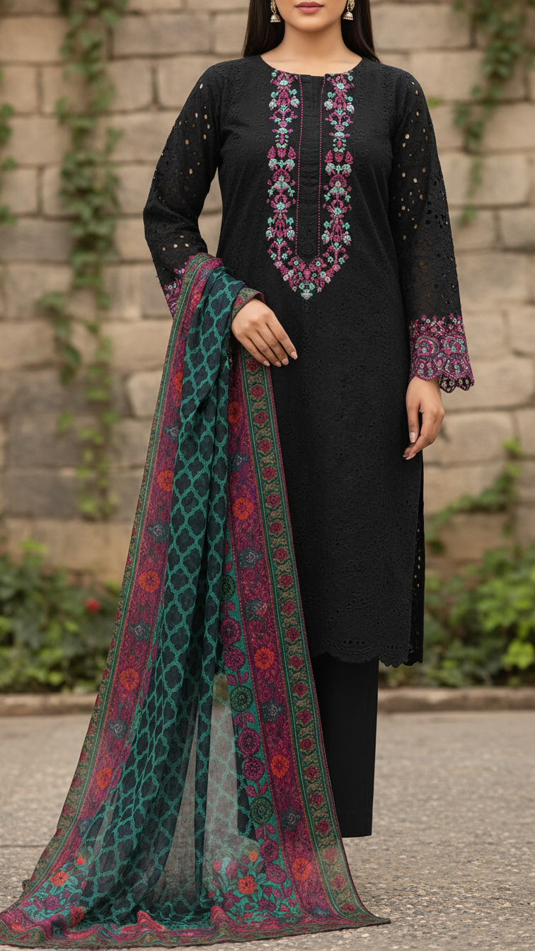3PC- Schiffly Chikankari Lawn Suit PS5342