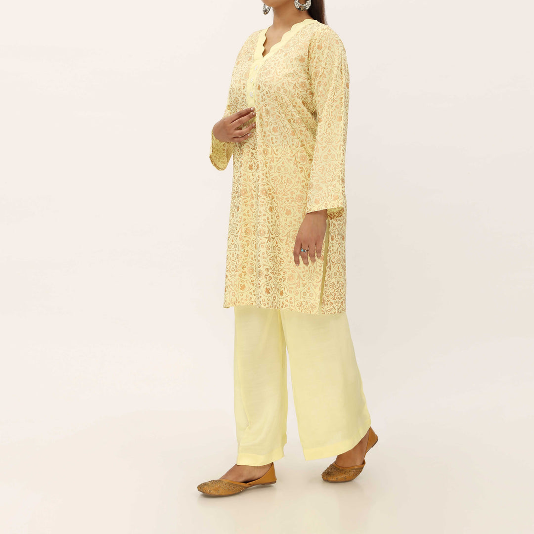 2PC- Gold Printed Raw Silk Suit PS5346