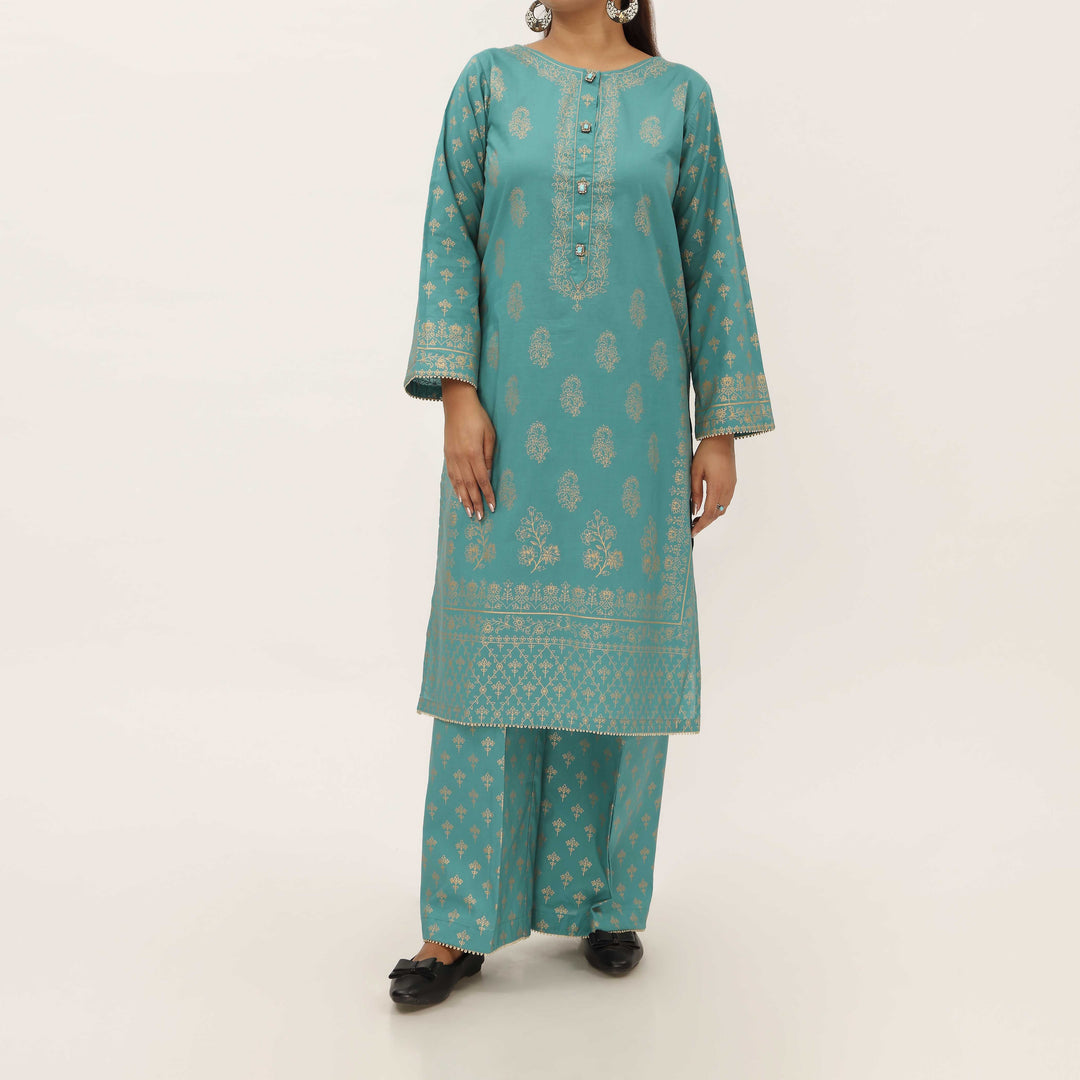 2PC- Gold Printed Cotton Cambric Suit PS5356