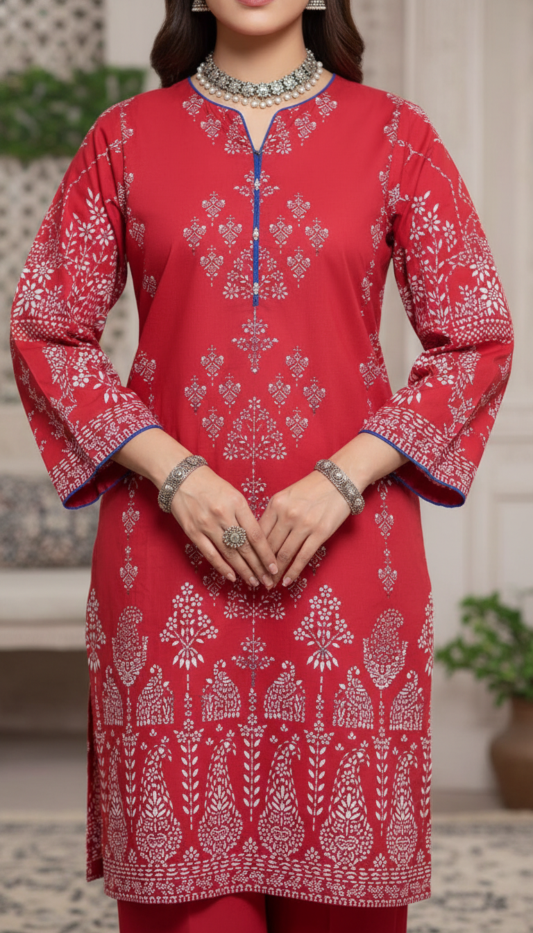 Red Digital Printed Cambric Shirt PS6115