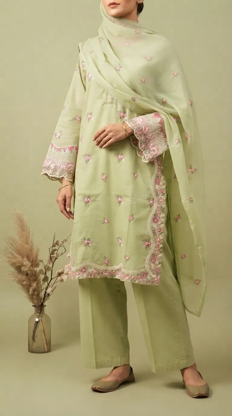 3 PC Embellished Cambric Suit PS619611