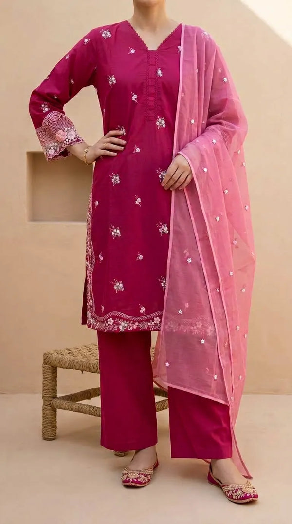 3 PC Embellished Cambric Stitched Suit PS619659