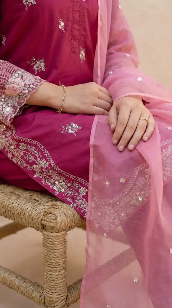 3 PC Embellished Cambric Stitched Suit PS619659