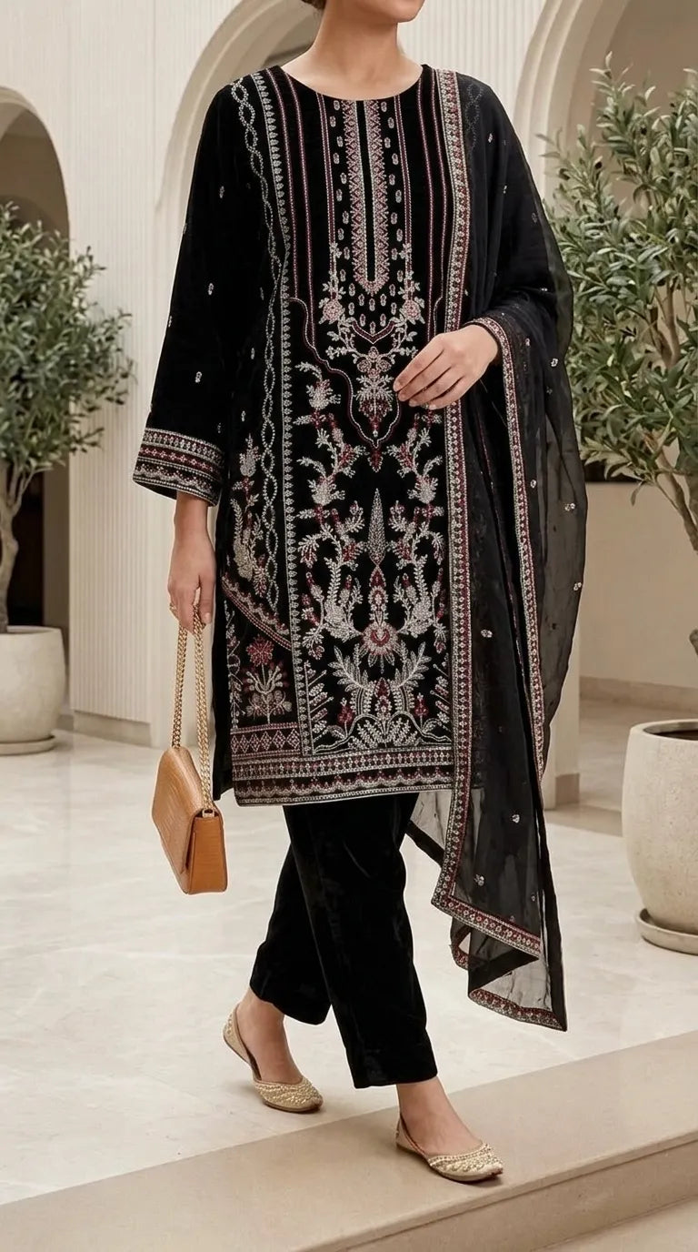 3 PC Embroidered Cambric Stitched Suit PS627101