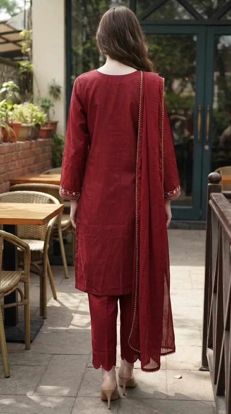 3 PC Embellished Cambric Stitched Suit PS627113
