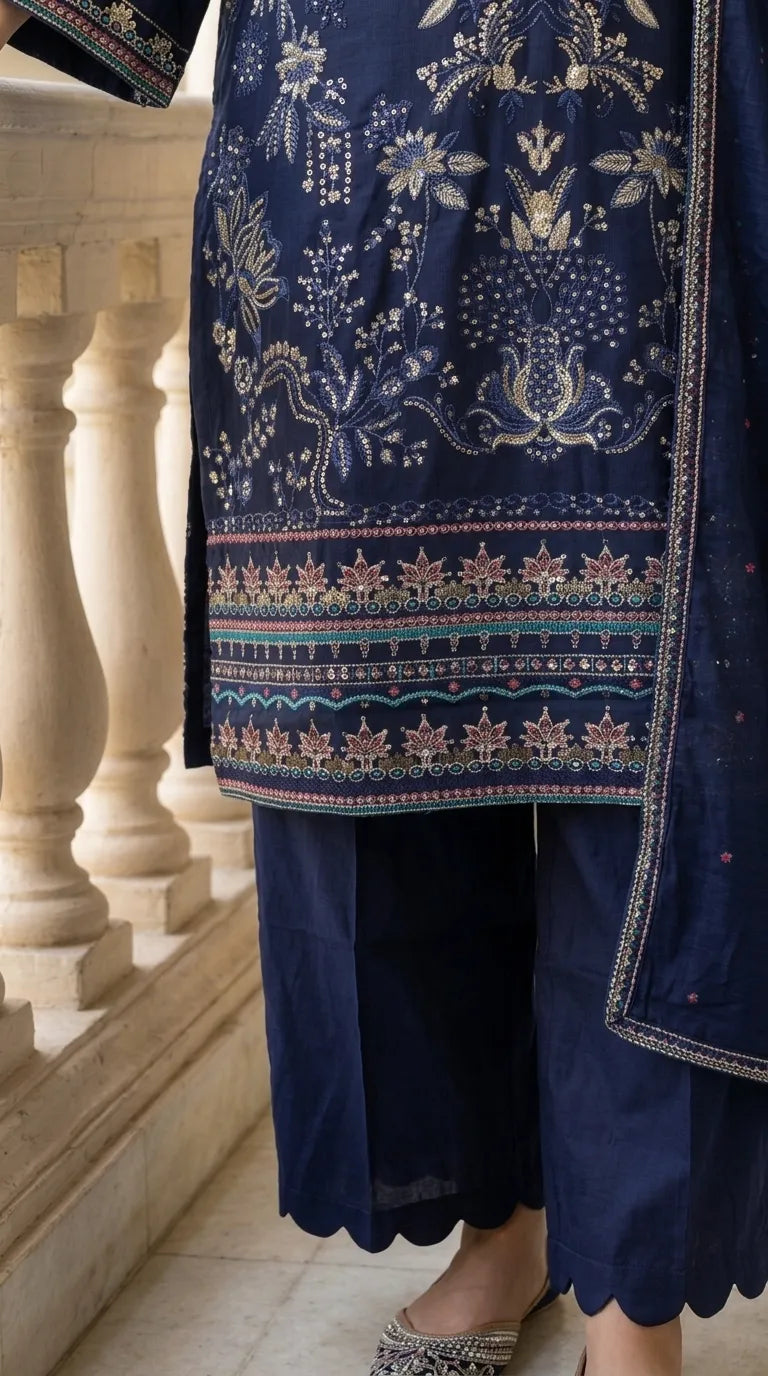 3 PC Embellished Cambric Stitched Suit PS627148