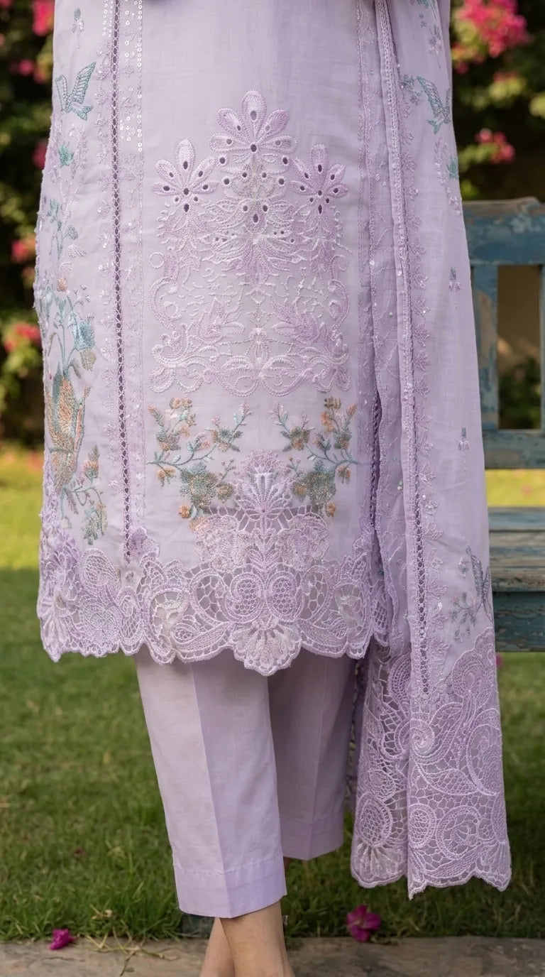 3 PC Embellished Cambric Stitched Suit PS628066
