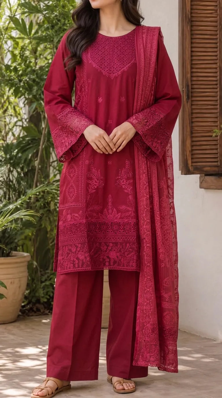 3 PC Embellished Cambric Stitched Suit PS628205