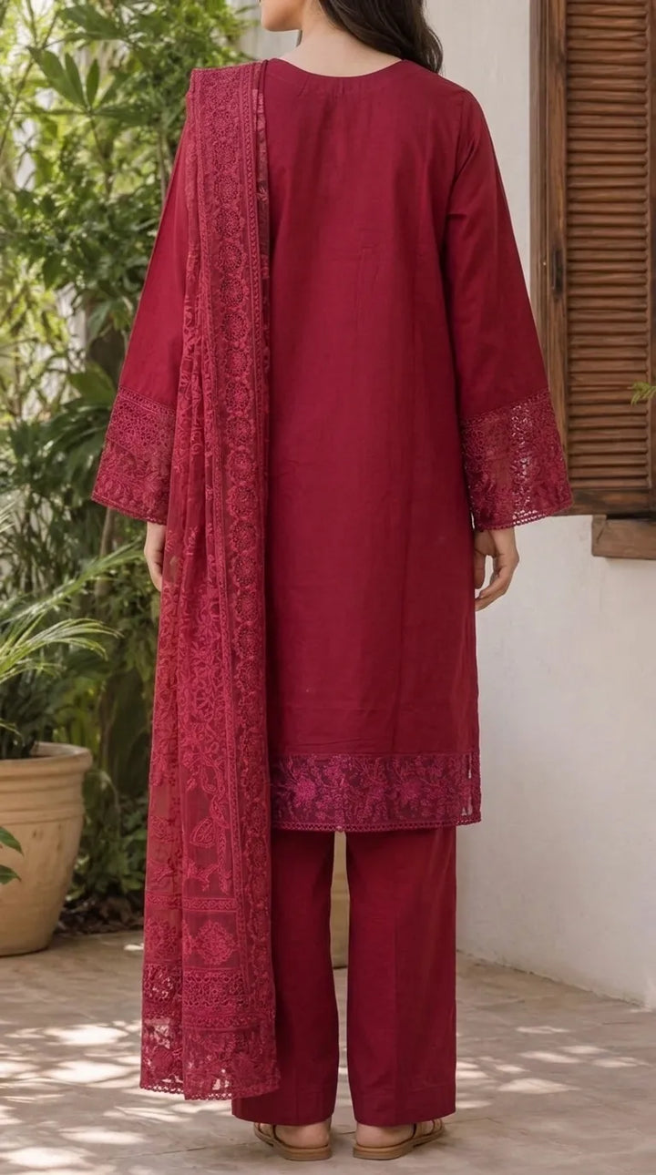 3 PC Embellished Cambric Stitched Suit PS628205