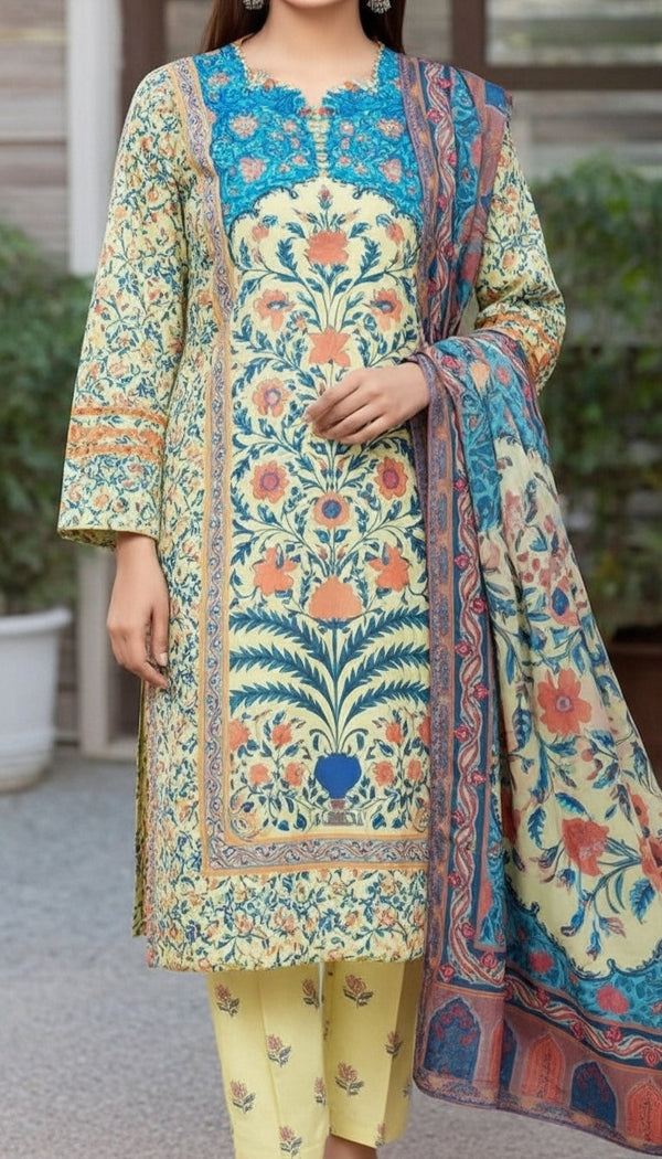 3 PC Digital Printed Cotton Cambric Suit PW5099