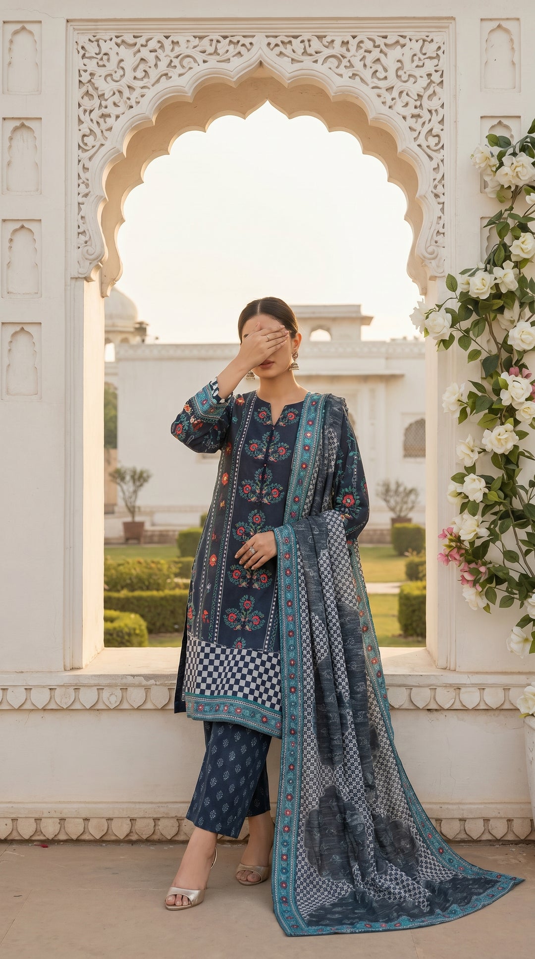 3 PC Digital Printed Cambric Suit PW5139