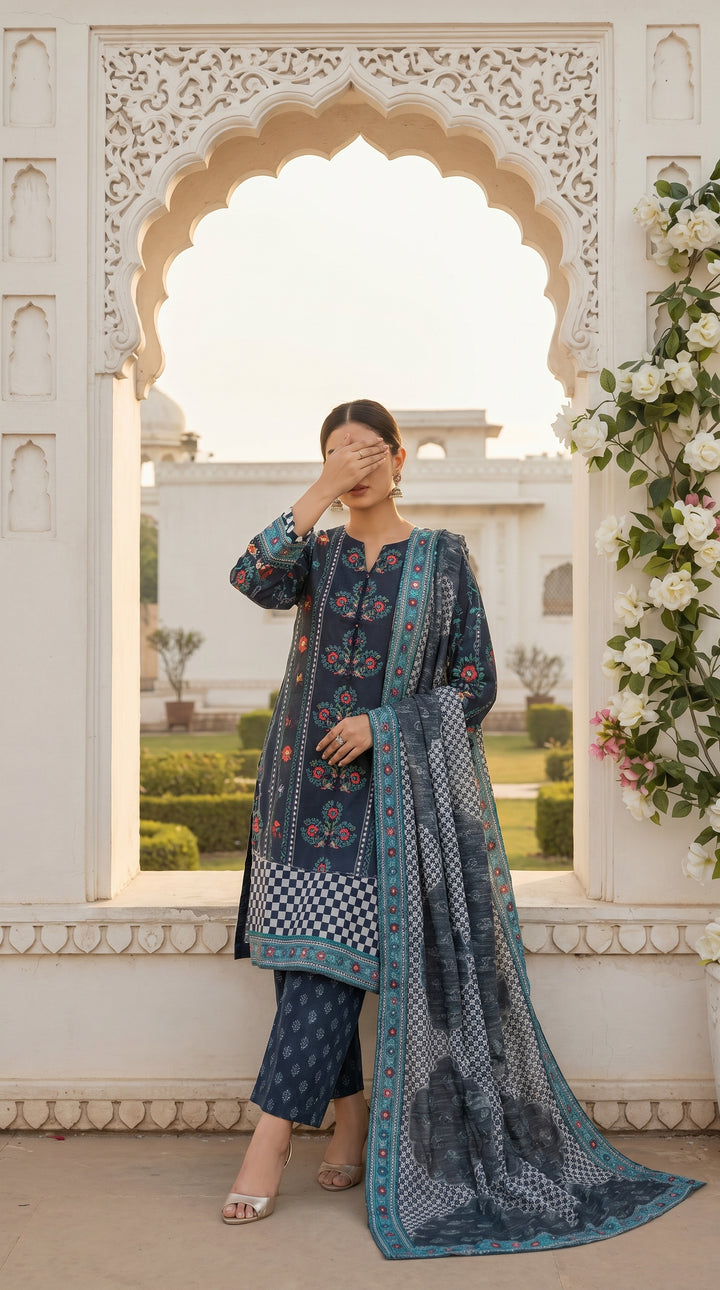 3 PC Digital Printed Cambric Suit PW5139