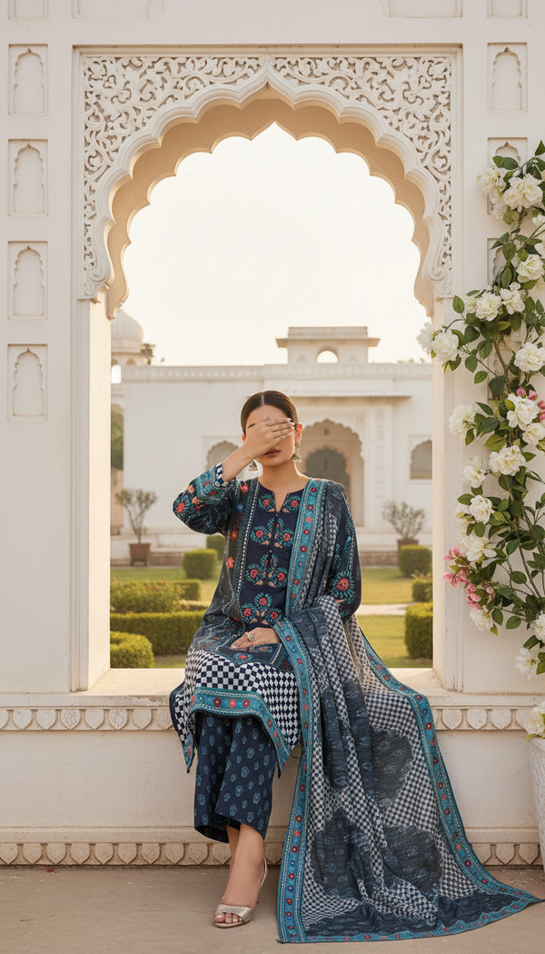 3 PC Digital Printed Cambric Suit PW5139