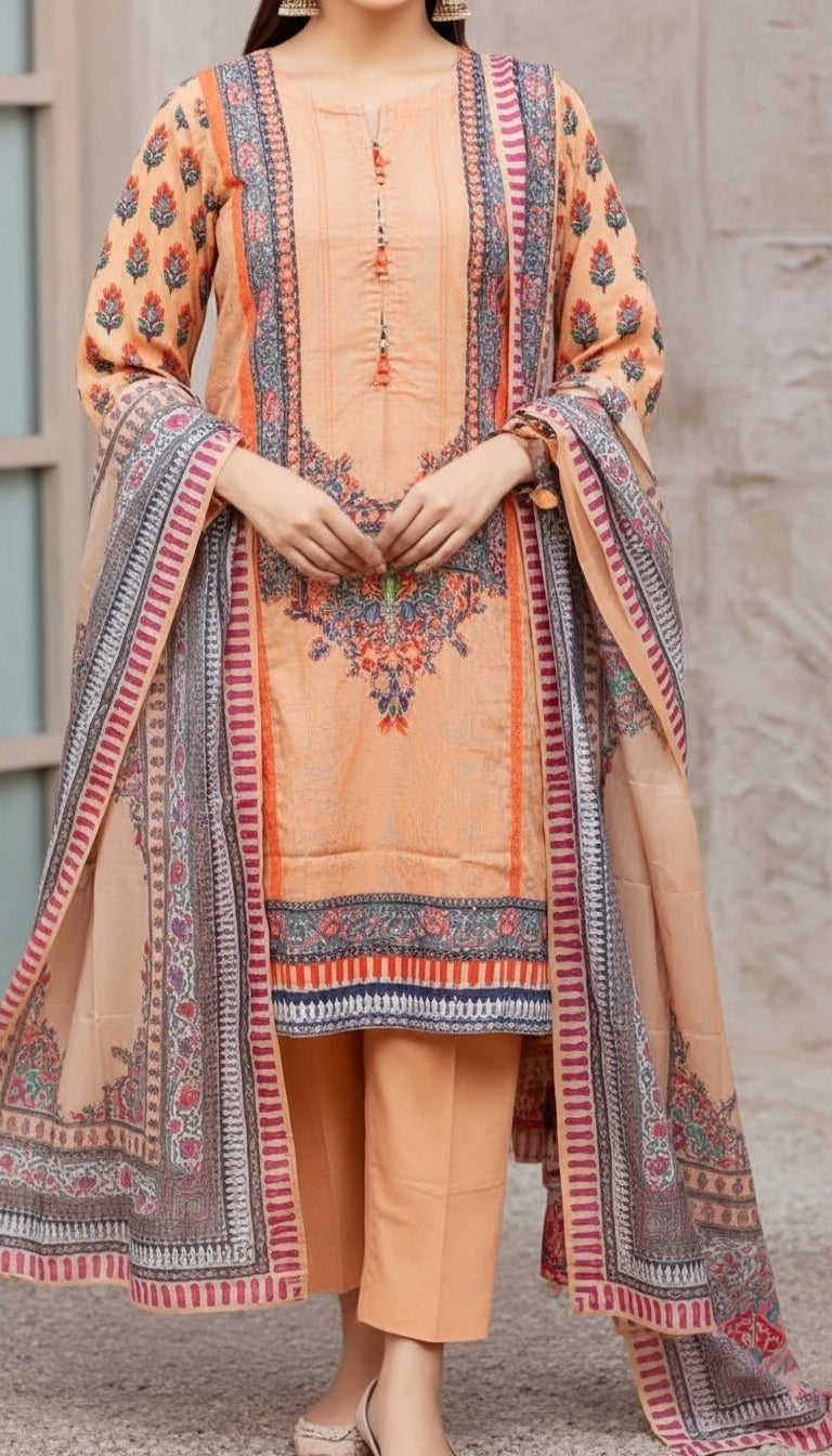 3 PC Digital Printed Cotton Cambric Suit PW5166