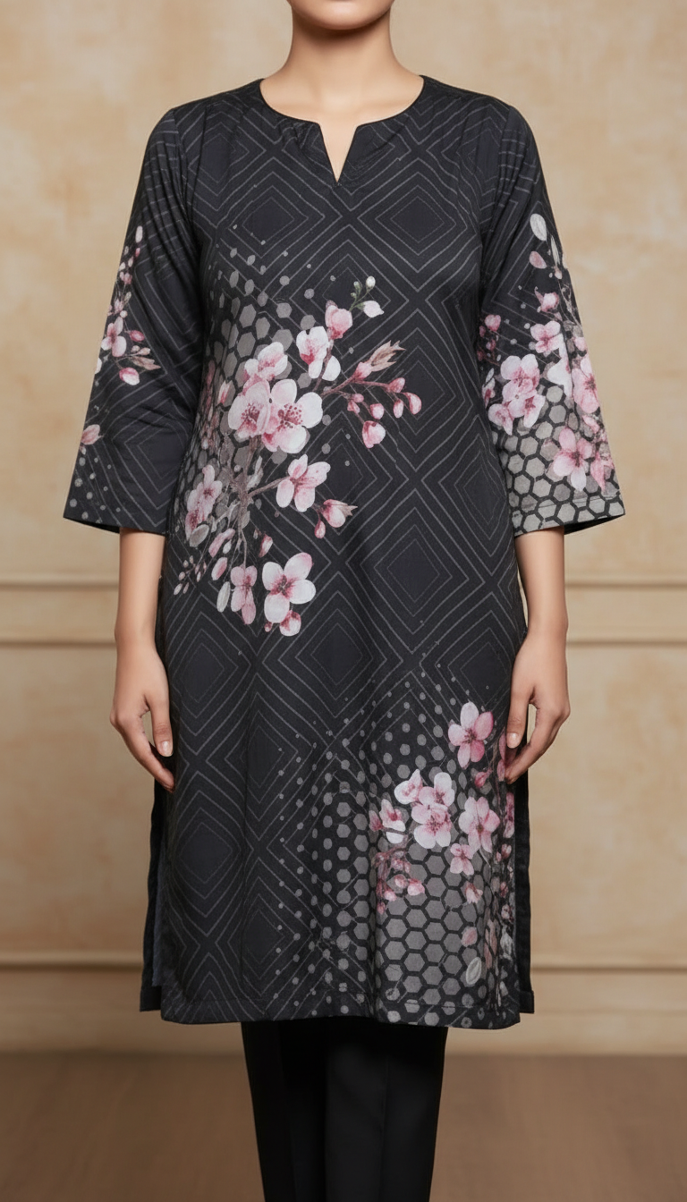 Black Digital Printed Shamouse Silk Shirt PW5302