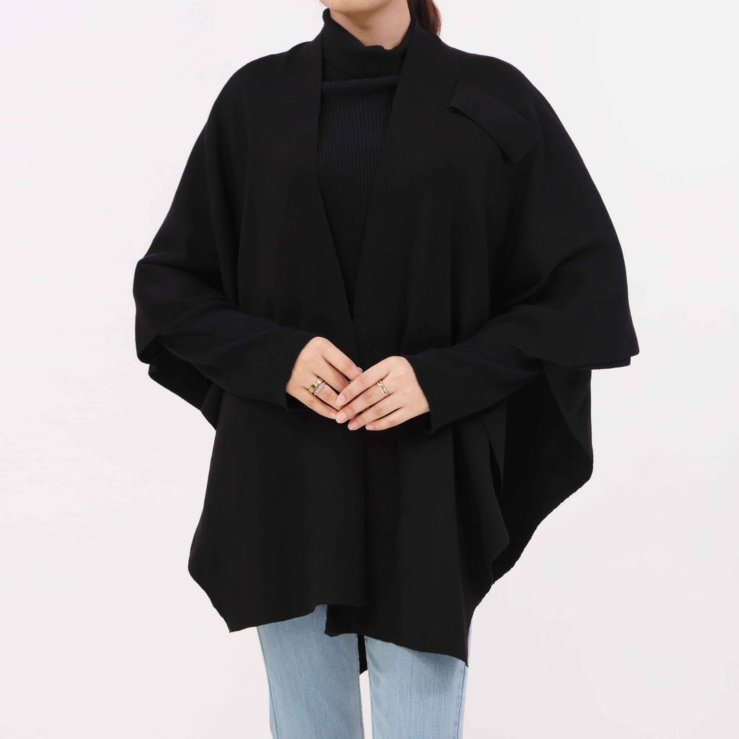 Black Sweater Knit Cape Shawl PW5624