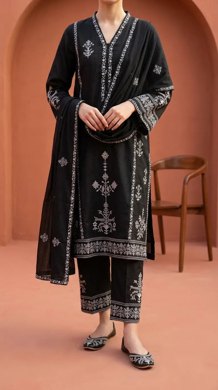 3 PC Embellished Cambric Stitched Suit PW601101
