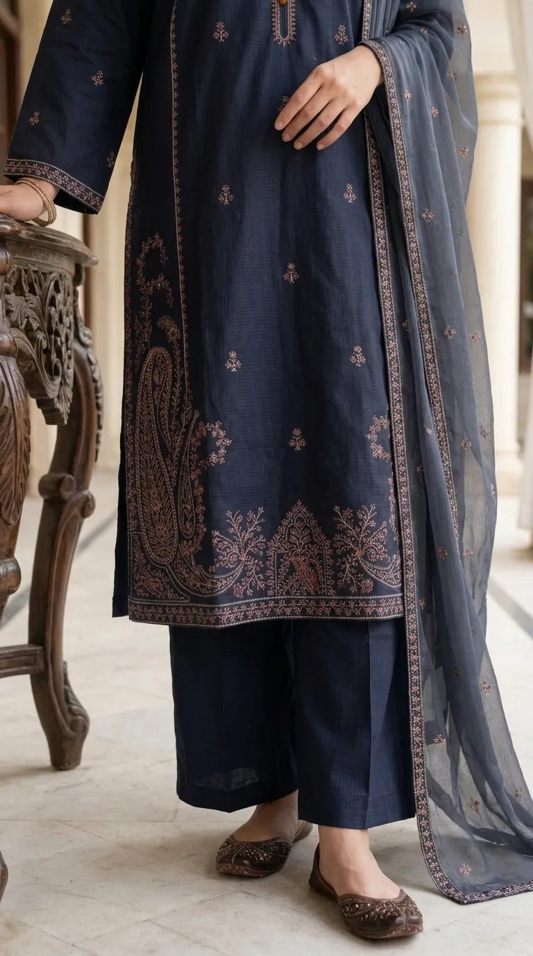 3 PC Embellished Cambric Stitched Suit PW601748