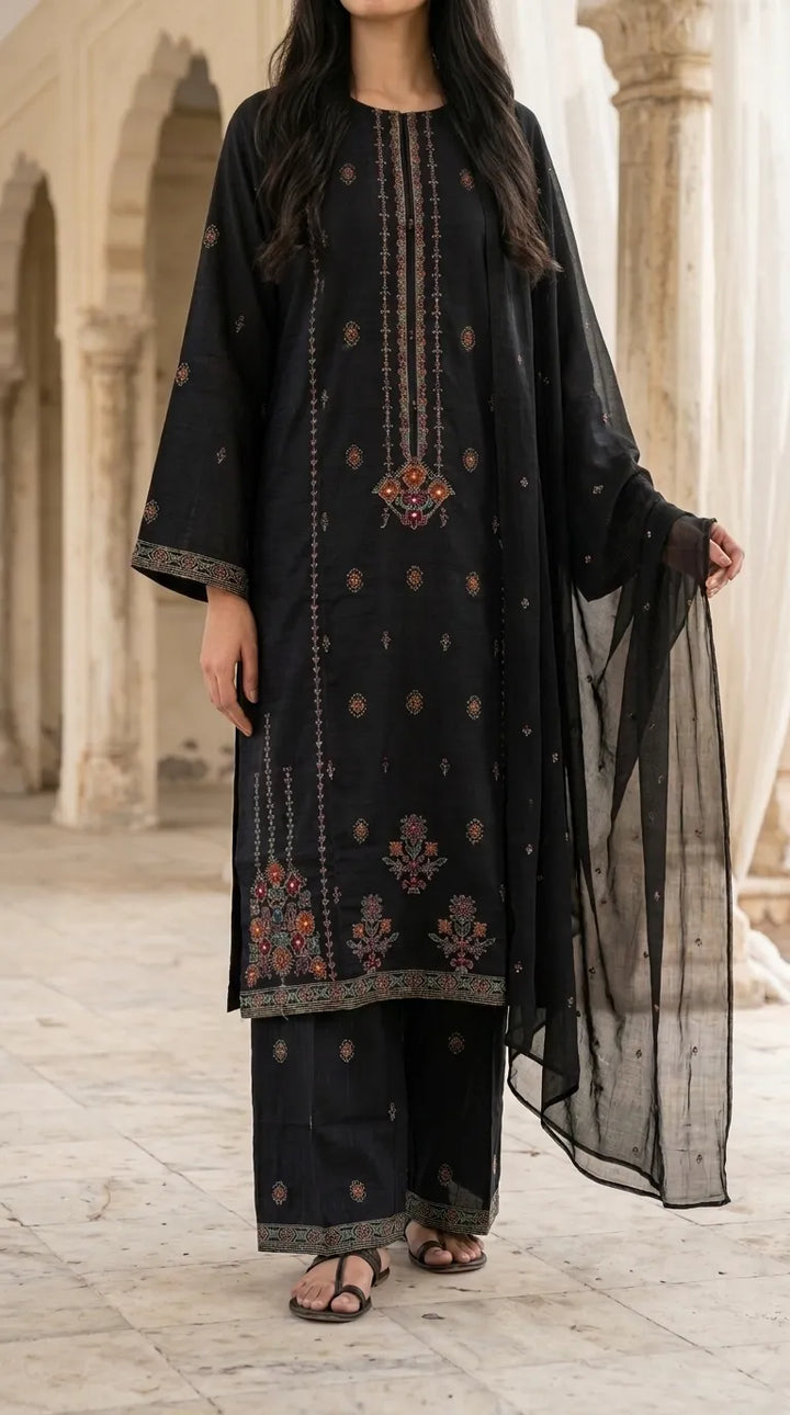 3 PC Embellished Cambric Stitched Suit PW601801
