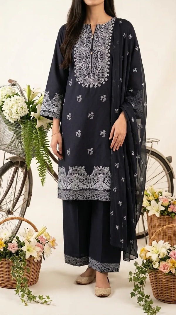 3 PC Embellished Cambric Stitched Suit PW601948