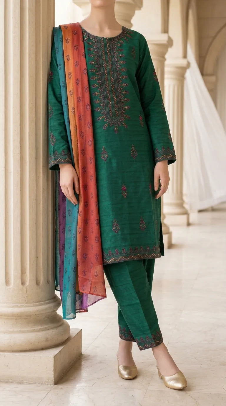 3 PC Embellished Cambric Stitched Suit PW602153