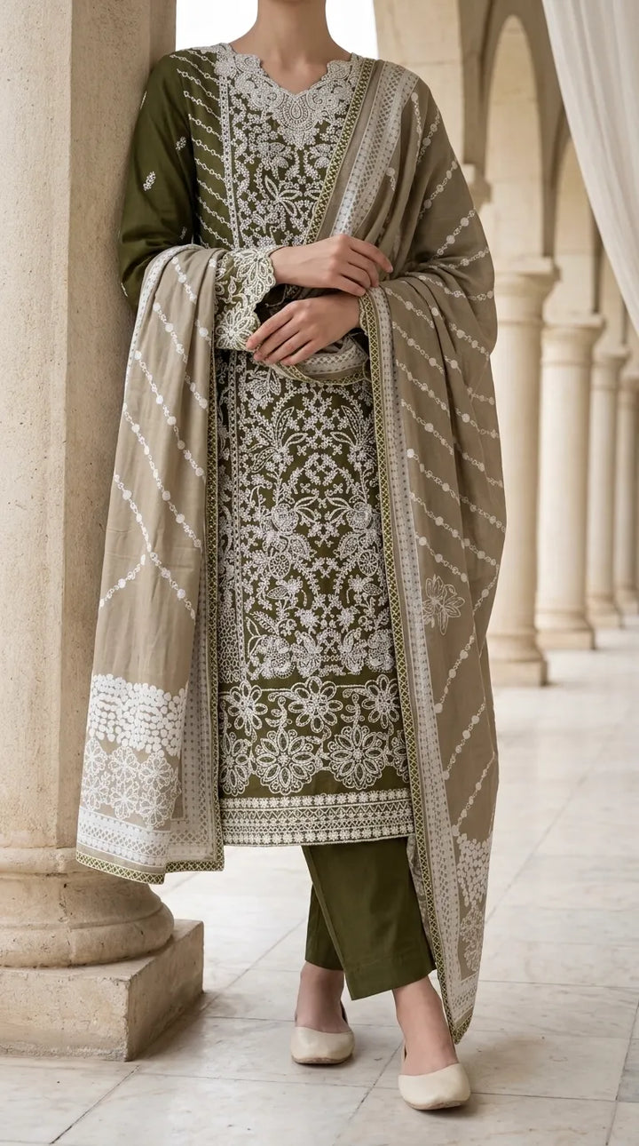 3 PC Embellished Khaddar Stitched Suit PW603411