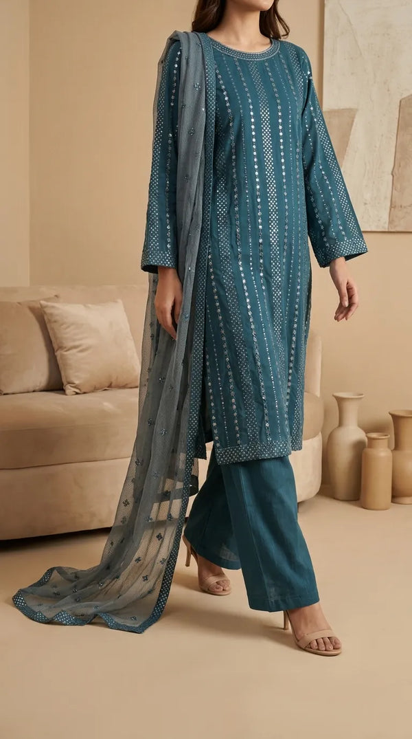3 PC Embellished Khaddar Suit PW603696