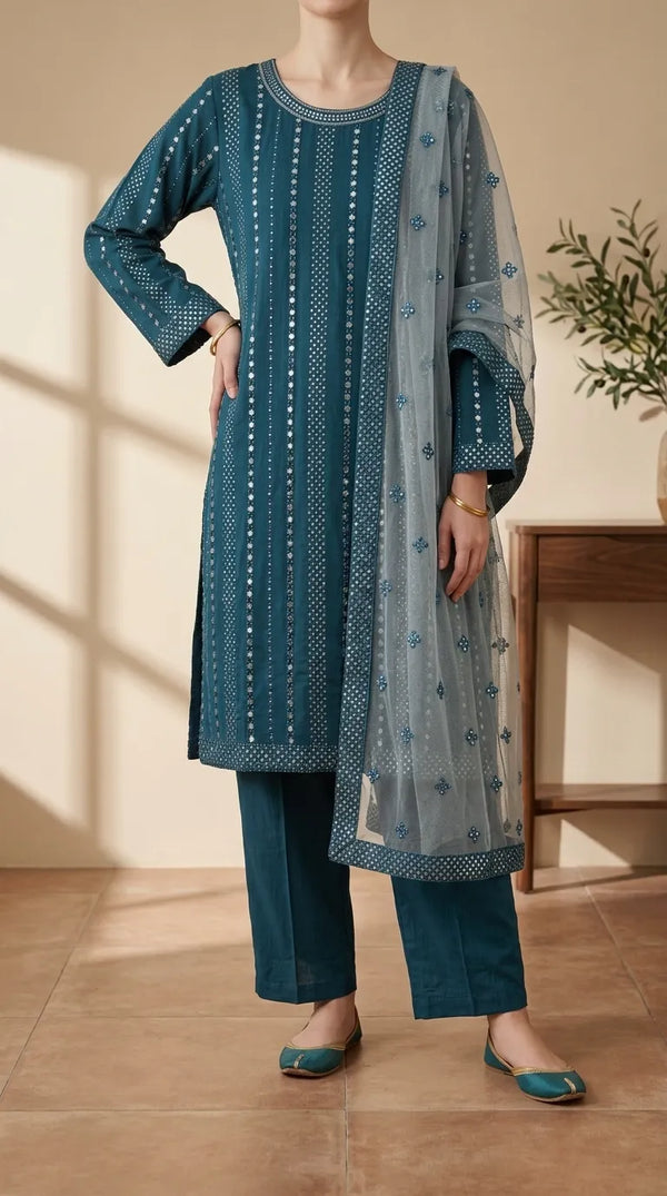 3 PC Embellished Khaddar Stitched Suit PW603696