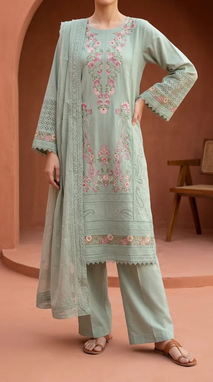 3 PC Embellished Karandi Stitched Suit PW604011
