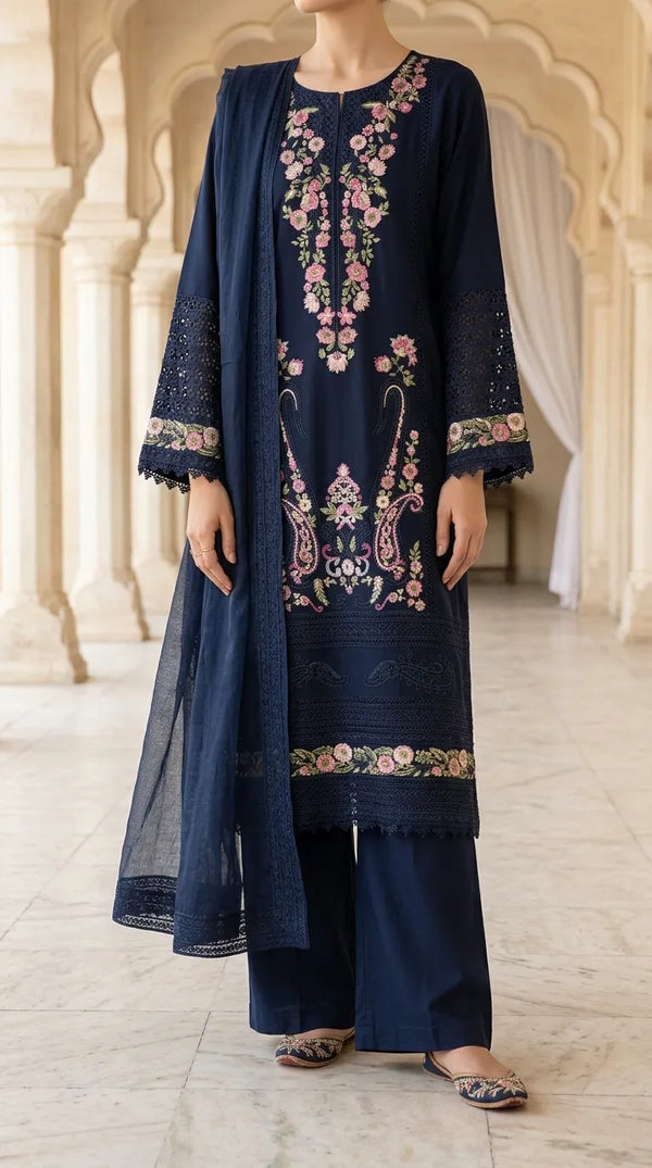 3 PC Embellished Karandi Stitched Suit PW604012