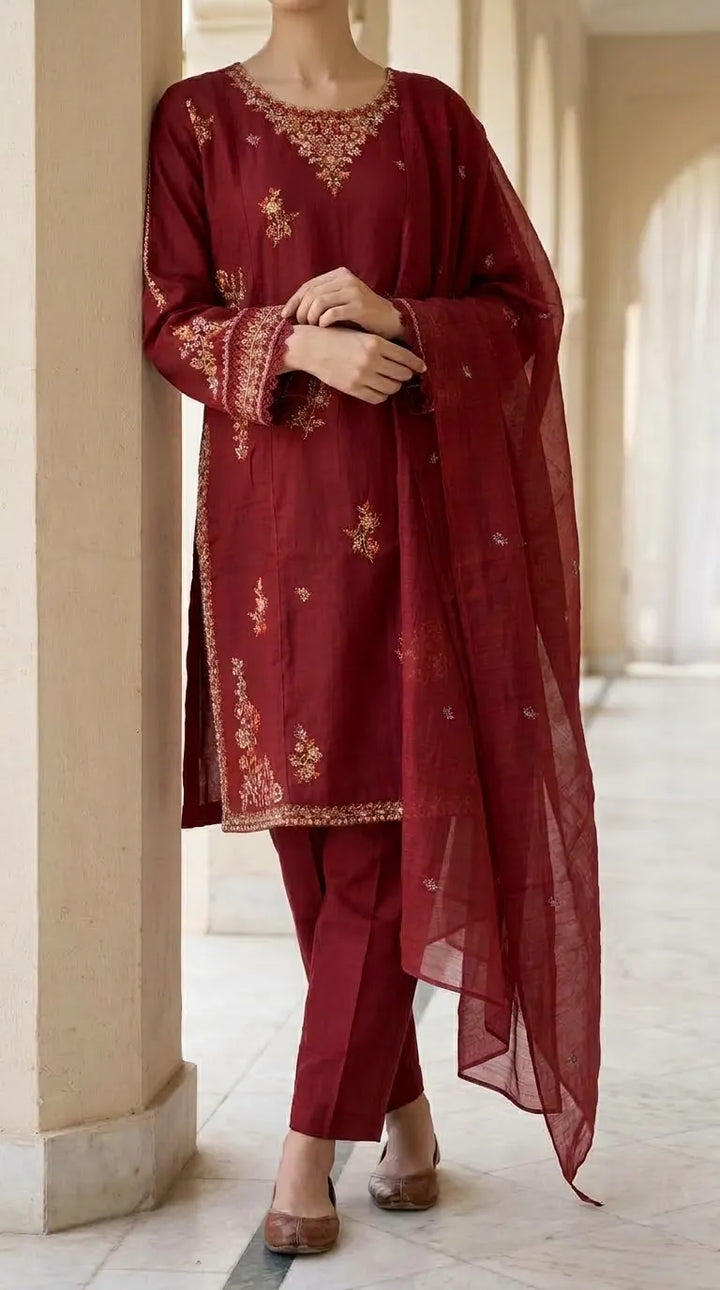 3 PC Embellished Khaddar Stitched Suit PW608313