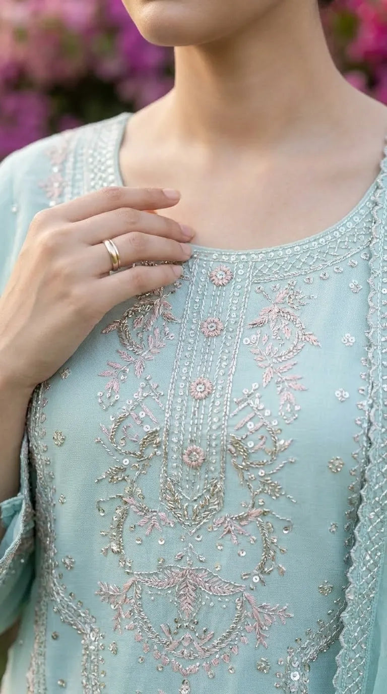 3 PC Embellished Raw Silk Stitched Suit PF618511