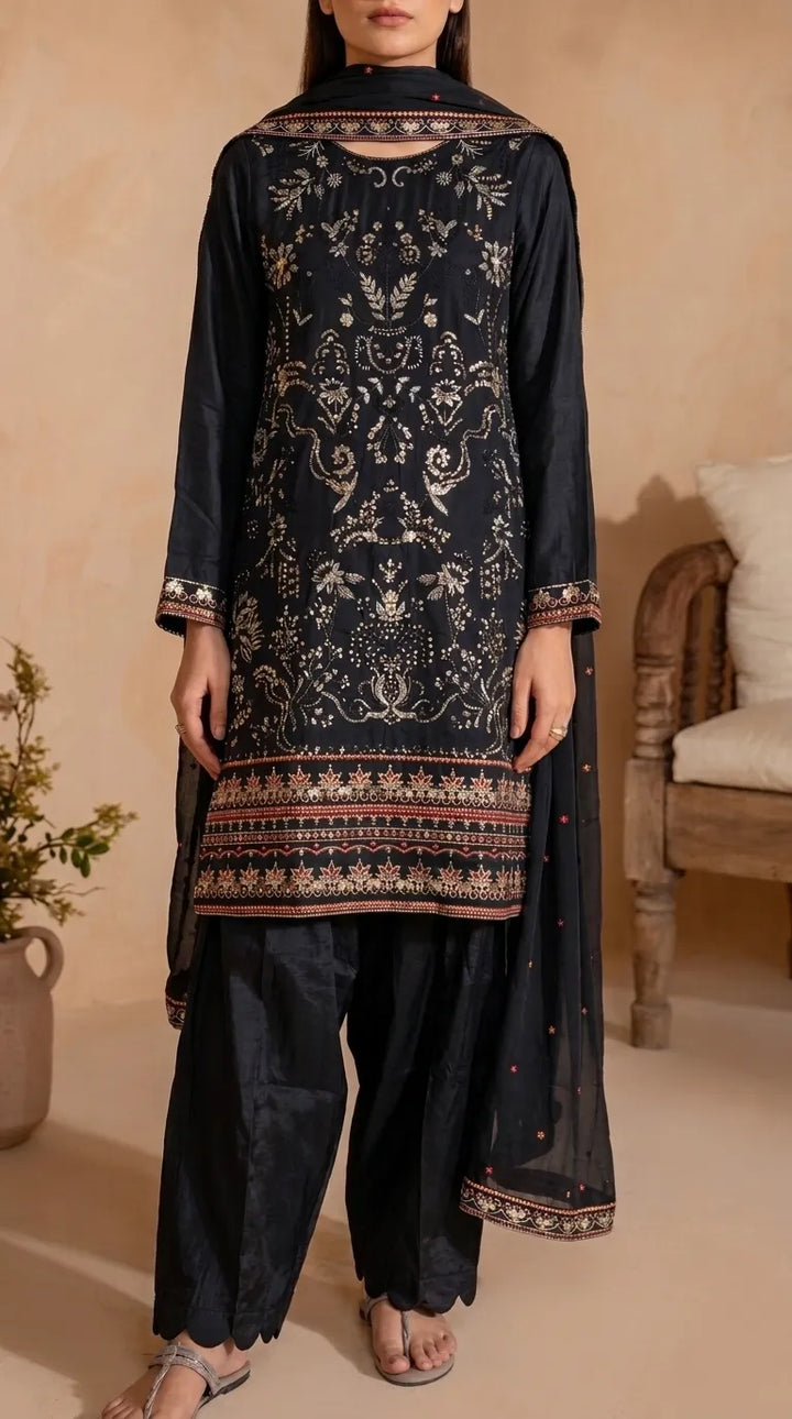 3 PC Embellished Velvet Stitched Suit PW627101