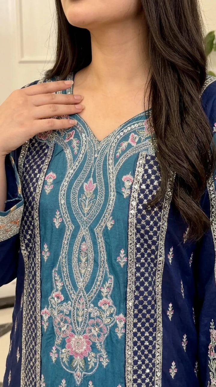 Blue Poly Khaddar Embroidered Kaftan PW629812