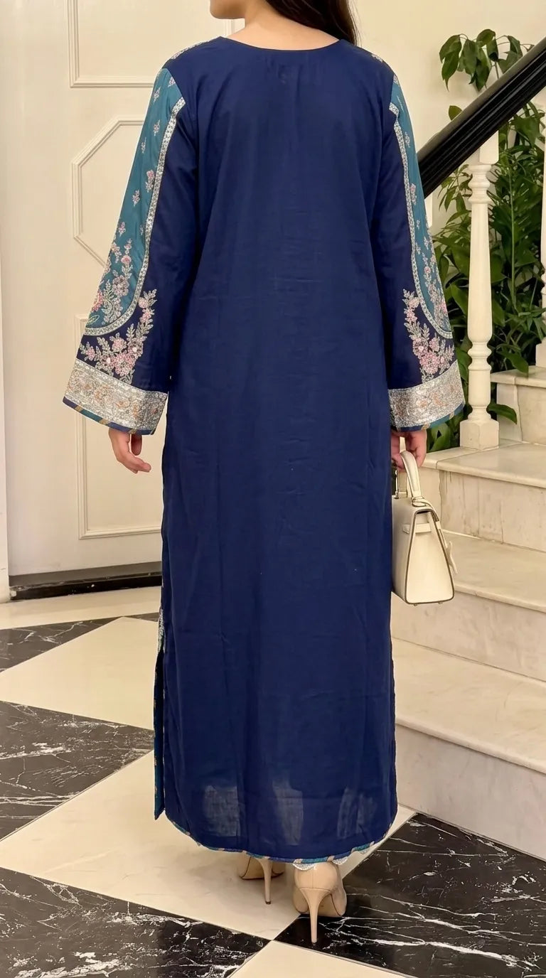 Blue Poly Khaddar Embroidered Kaftan PW629812
