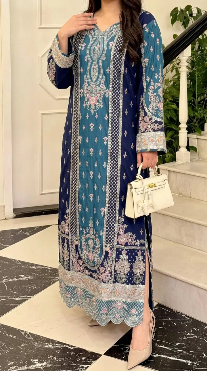 Blue Poly Khaddar Embroidered Kaftan PW629812