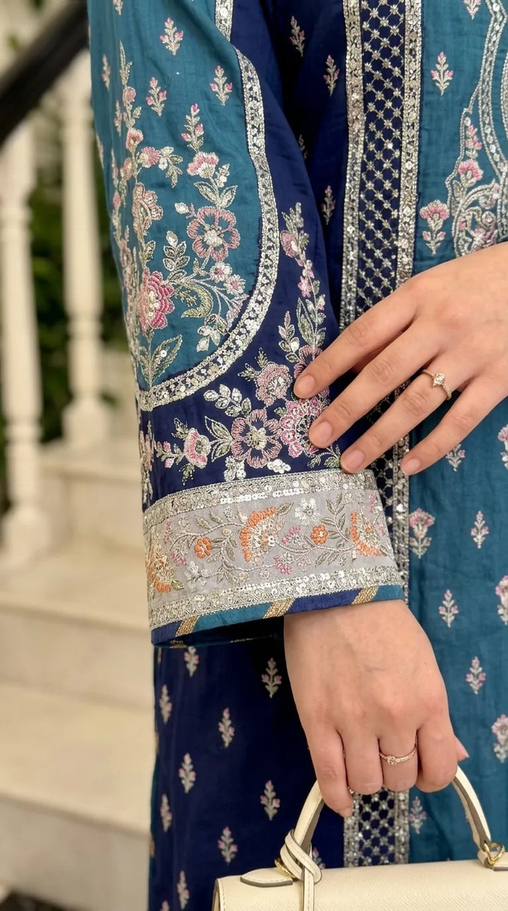 Blue Poly Khaddar Embroidered Kaftan PW629812