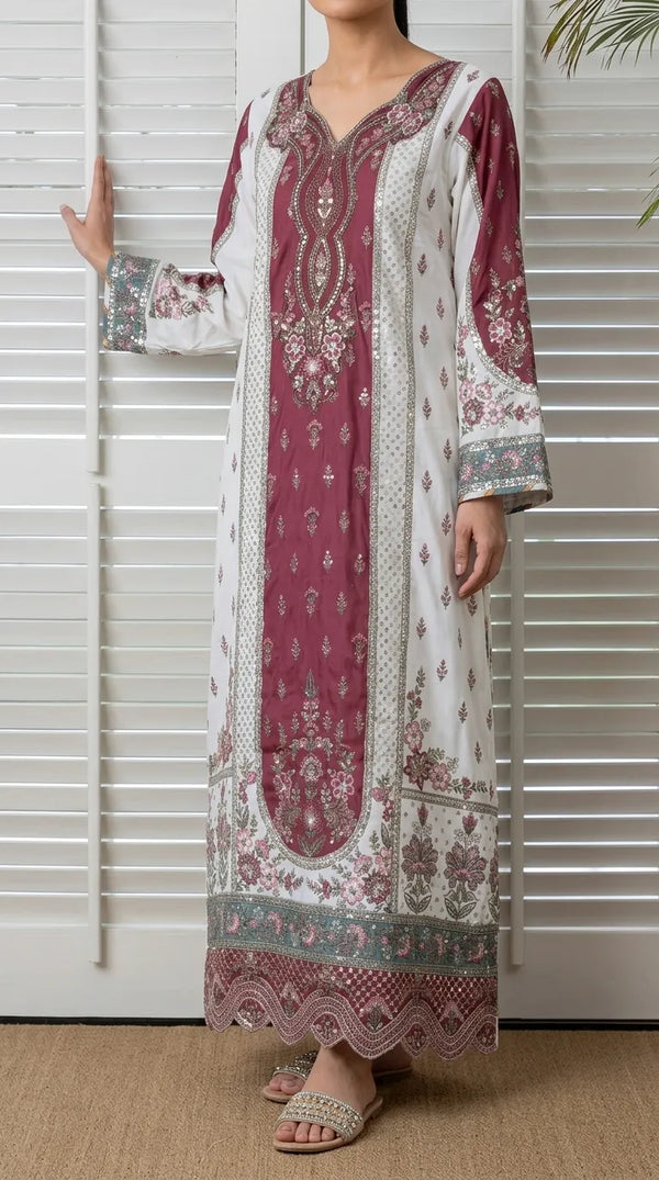 White Poly Khaddar Embroidered Stitched Kaftan PW629909